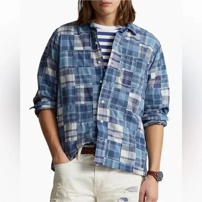POLO RALPH LAUREN Blue Camp Shirt Patchwork Madras Classic Fit