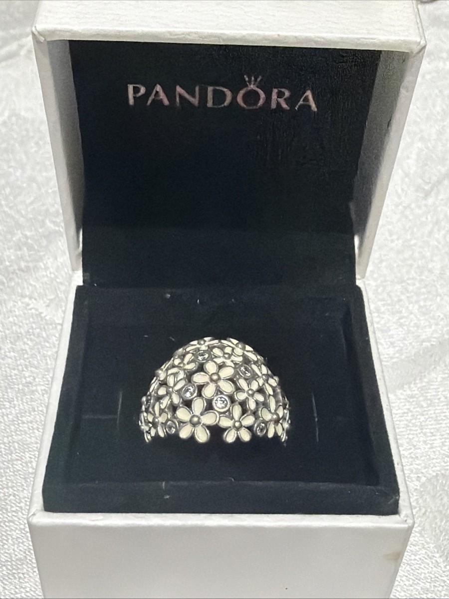 Pandora S925 ALE 58 Retired White Enamel Daisy Flower Ring CZ Size
