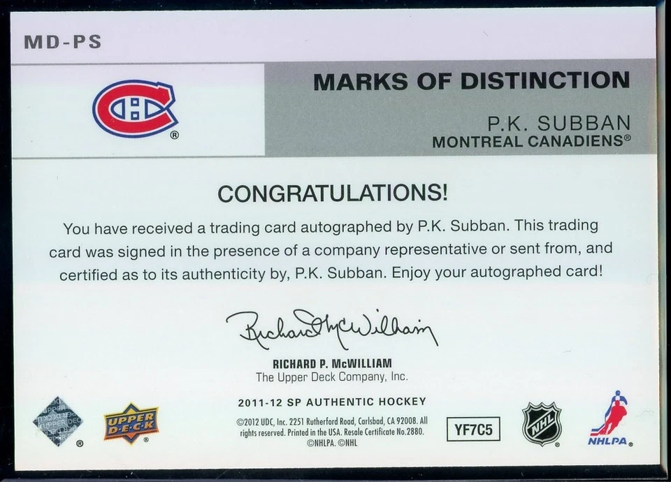 2011-12 SP Authentic Marks of Distinction #MDPS P.K. Subban 25/25 - Image 2 of 2