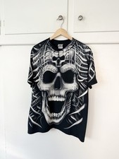 Y2K Liquid Blue Tribal Skull All Over Print Black Cotton T Shirt USA Made Large