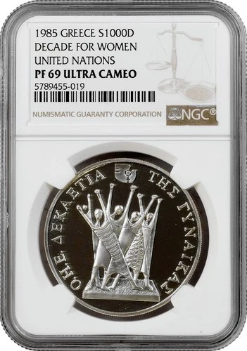 Greece 1000 drachmes 1985, NGC PF69 UC, "UN - Decade For Women" silver coin