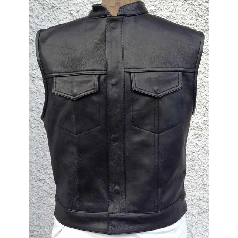 Leatherick Gilet da motociclista in pelle di vacchetta di prima qualità, classico con lacci laterali da uomo, nero(S