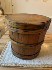 FIRKIN 1880'S Lg Primitive Antique Vintage Bucket Lid Some Original Blue Paint