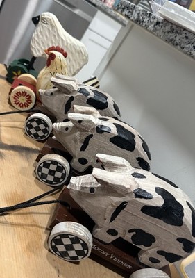 Wood Pigs Chicken And Sheep Pull Toy Carved Folk Art Mount Vernon Estate
