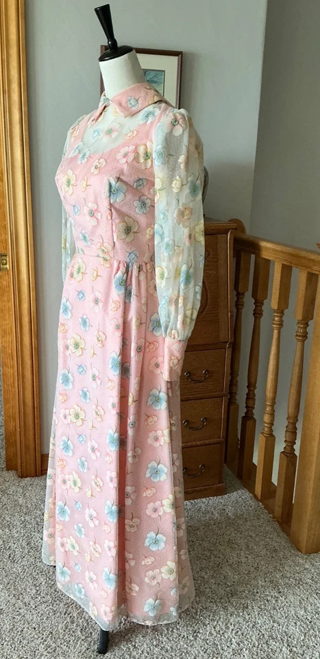 70s Prom Dress Vintage Long Sleeve Pink Lace Bridesmaid Formal Gown CUSTOM Made - Image 3 of 4