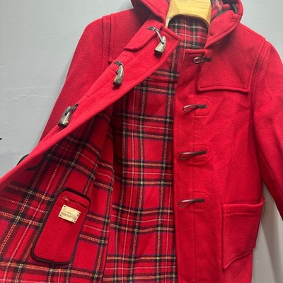 John Partridge Red Wool Duffle Coat 44 Toggle Hooded Plaid Lined UK Heritage