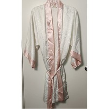 Victoria's Secret Vtg Gold Label White Damask Robe Pink Satin Trim One Size