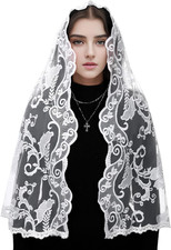 Lace Mantilla Chapel Veil: Long D Shaped White Flower Embroidered Church Veils f
