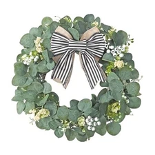  Artificial Eucalyptus Wreath 18 Inch Greenery Wreath with White&black Stripe