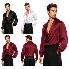 Men Top Cowl Neck Bodysuit Fitted Shirt Glossy Ballroom Wear Luxurious Tunic