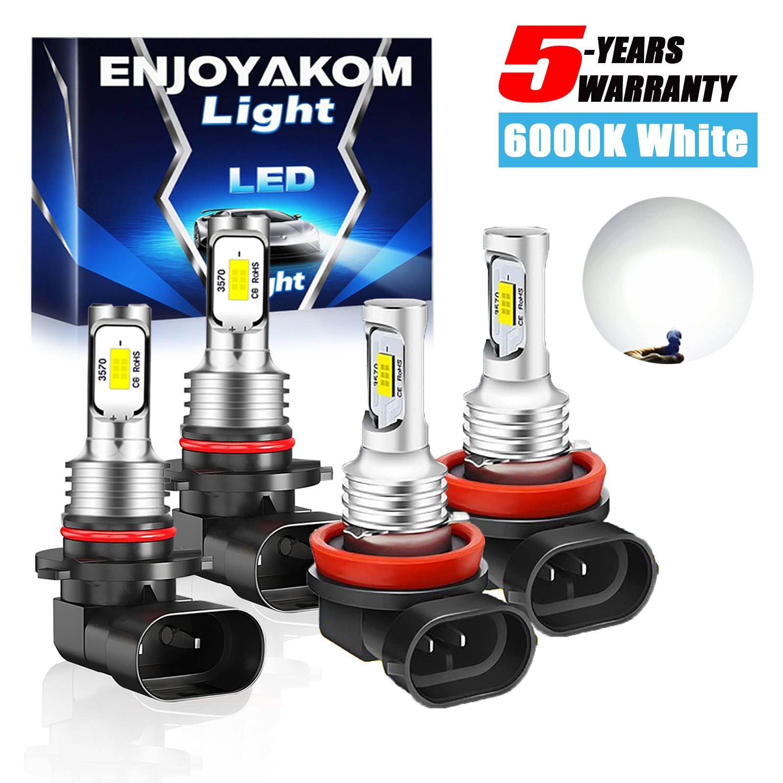 9005 H11 LED Headlight KIT Combo Bulbs 10000K High&Low Beam Super Bright White