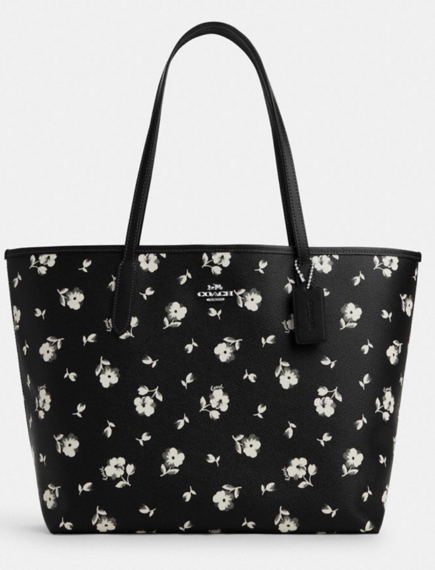 NWT Coach City Tote Bag In Canvas Leather With Floral Print Black