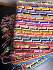 VTG Handmade Crocheted Afghan ~ Vibrant ~ Stripes, Stair Step, Multicolor 60x62”