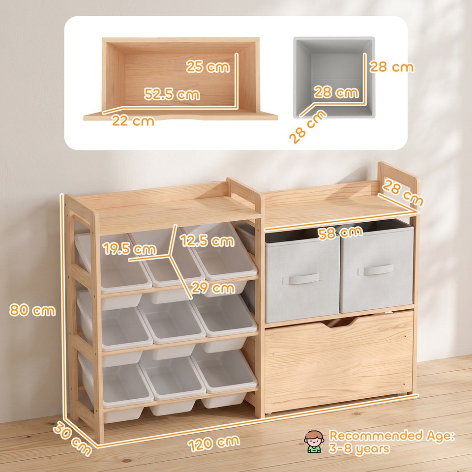 Wooden Toy Storage Unit with Rolling Toy Chest, 2 Fabric Drawers, 2 ...