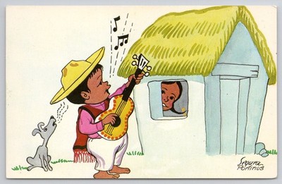 Vintage LA SERENATA Postcard - Boy Playing Guitar, Dog, Hut - Barrera Laredo TX