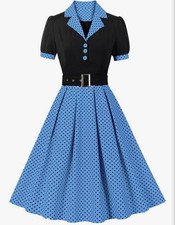 Women's 1950s Retro Polka Dot Swing Dress Blue Black Rockabilly Pin Up Sz S