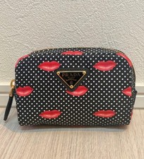 Prada Re Nylon Lip Polka Dot Pouch Black Red Gold Authenticated Authentic