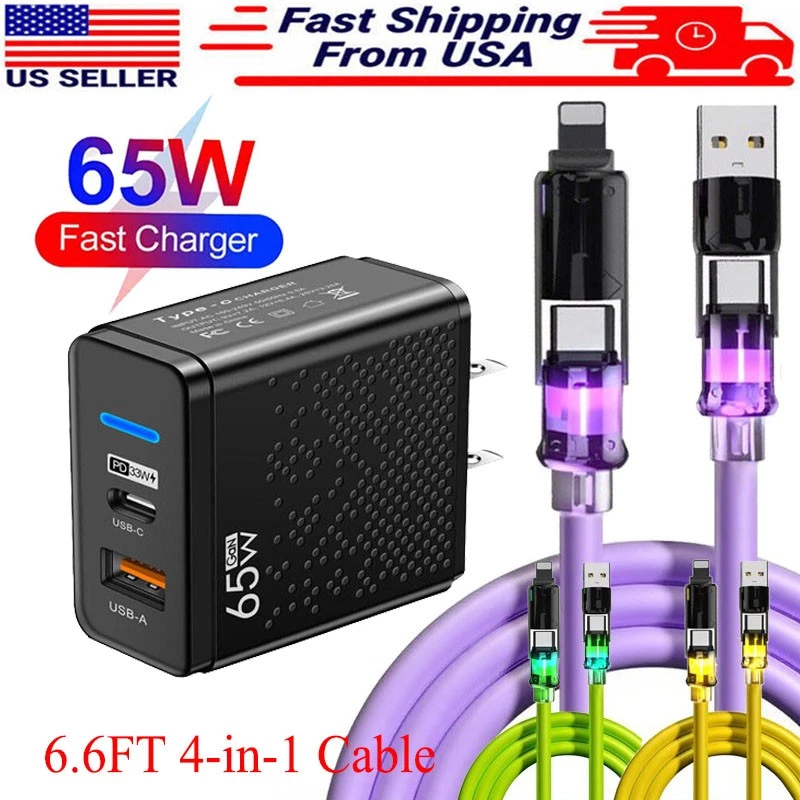 Cargador de pared rápido tipo C de 65 W, cable súper rápido 4 en 1 de 60 W para teléfono celular iPad Foto 3 de 4