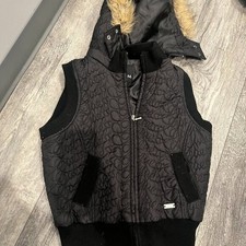 GUESS Womens Small Black Vest With Fur Hood Zip Up Sleeveless