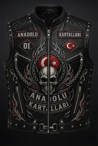 2. Men's Black Leather Biker Vest Motorcycle Skull Patch Turkish Flag Punk Rock