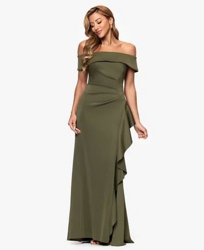 Vestido Xscape verde oliva con volantes y abertura lateral talla 16 $259