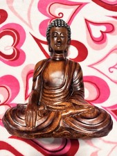 Wood Seated Buddha Statue 12  Meditation Sculpture Earth Touching Mudra Decor