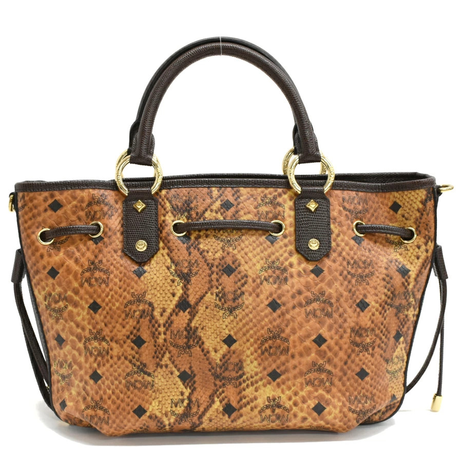 MCM Python Embossed Leather Handbag Brown 21in 32… - image 3
