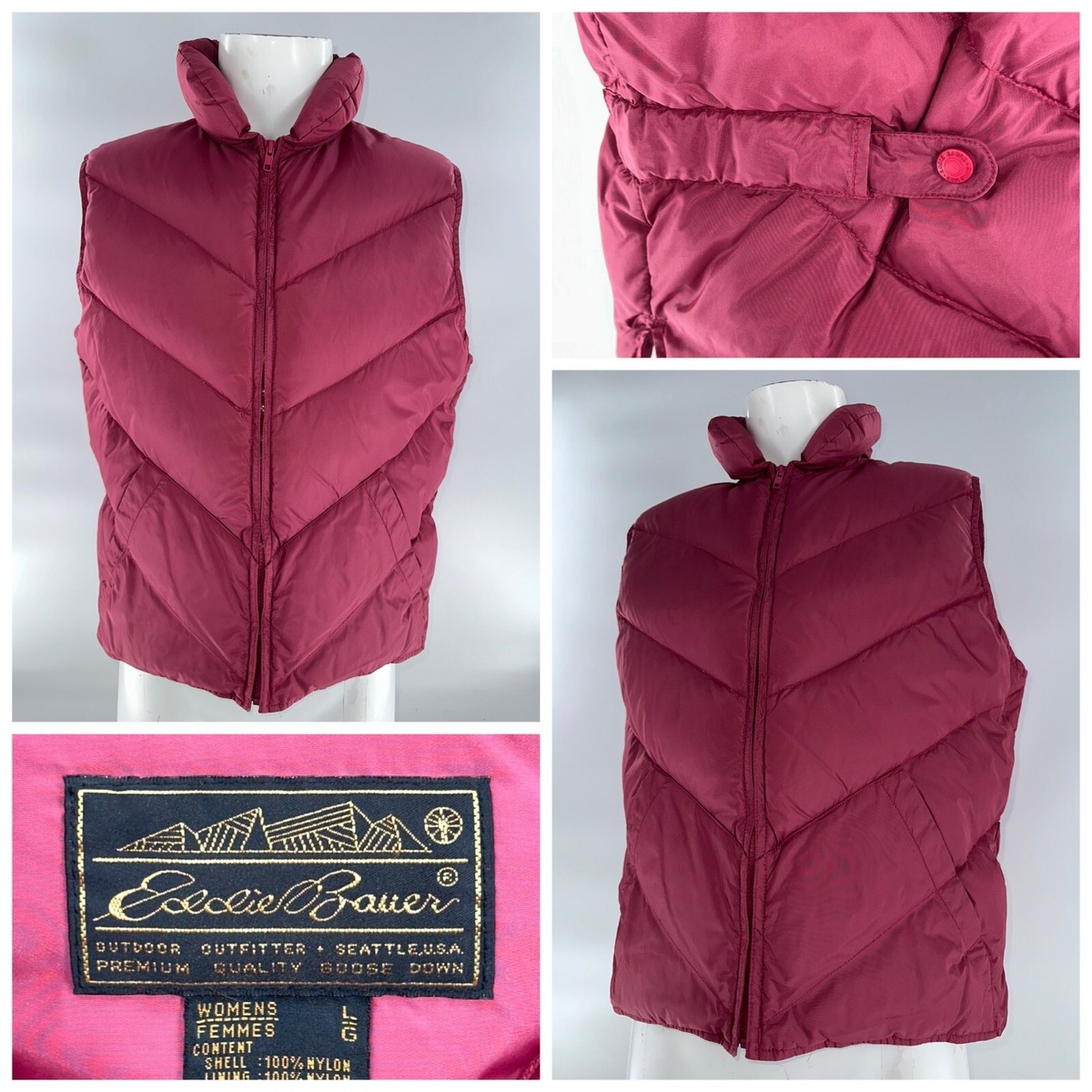 Eddie Bauer Full Zip Down Puffer Vest Womens L Pink Nylon
