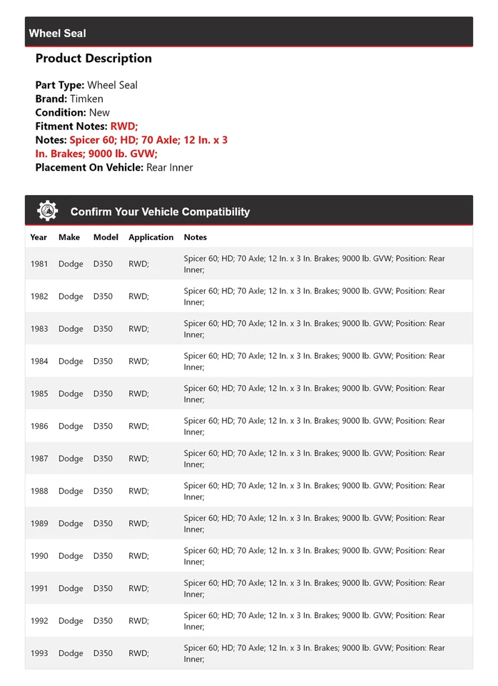 Sello de rueda interior trasero Timken 1982 1983 1984 1985 para Dodge D350 1981-1993 tracción trasera Foto 2 de 4