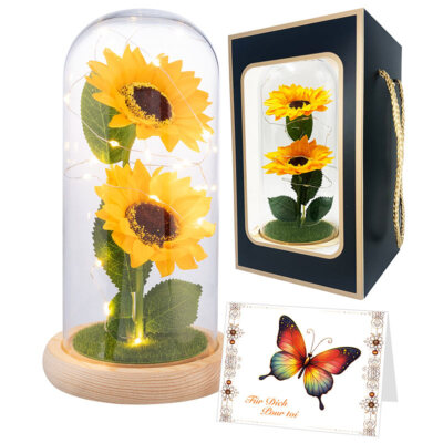 Lunartec Künstliche Sonnenblumen unter Glas, LED-Licht, 21,5 cm, Geschenktasche