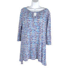 Clara Sun Woo Top Medium Blue White Printed Keyhole 3/4 Sleeve Flawed TP-2682