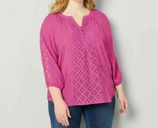Avenue Pink Lace Trim Peasant Balloon Sleeve Top 