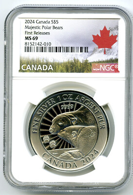 2024 $5 CANADA 1OZ SILVER MAJESTIC POLAR BEARS NGC MS69 FIRST