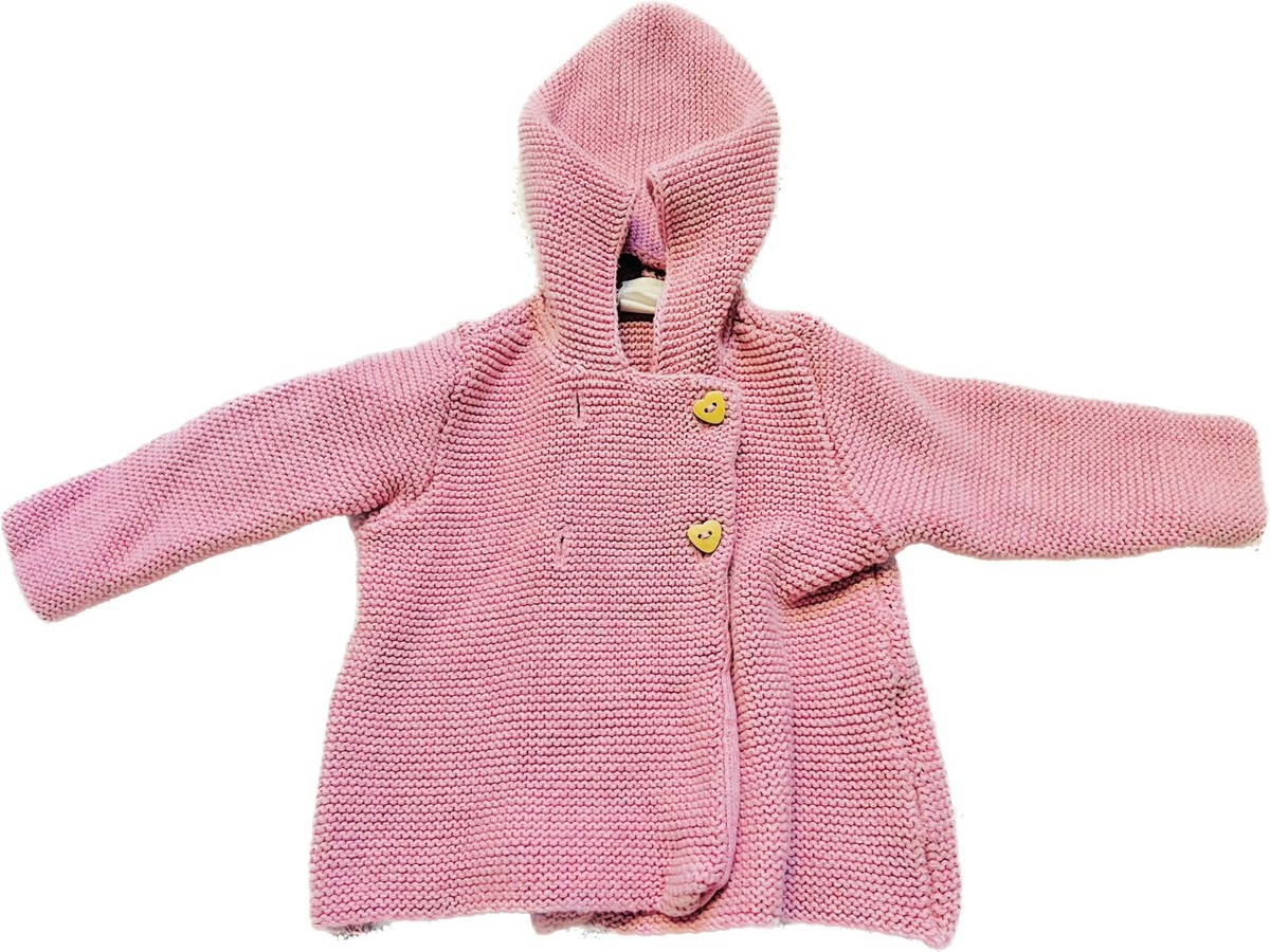 H M 6-9 Months Baby Girl Knitted Hooded Pink Cardigan W/ Heart Shaped  Buttons