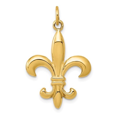 14k Yellow Gold Solid Fleur de Lis 3-D Charm Pendant L- 30 mm, 2.87g