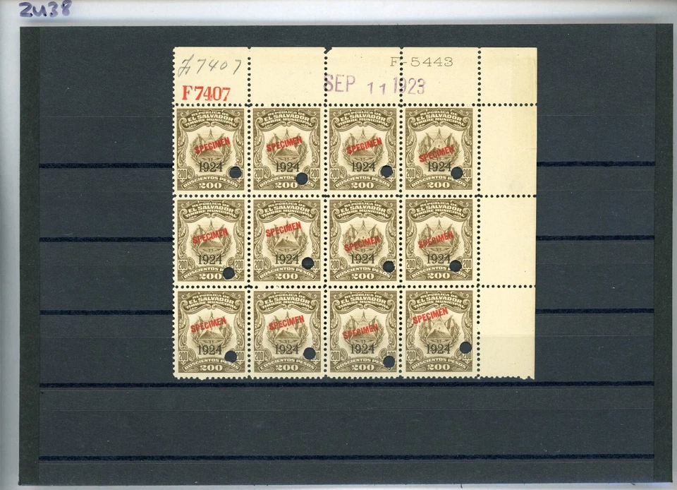 EL SALVADOR Revenue 200p ABNCo *F7407* SPECIMEN 1923 Corner Block{12} MNH ZU38 - Image 4 of 4