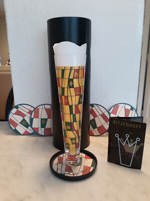 Ritzenhoff 2007 Designer Beer Glass; Artist Angela Ladeiro. 4 Coasters, New