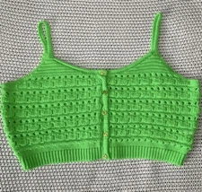 Reclaimed Vintage Cropped Crochet Tank Size Medium Button Front Detailed, Green