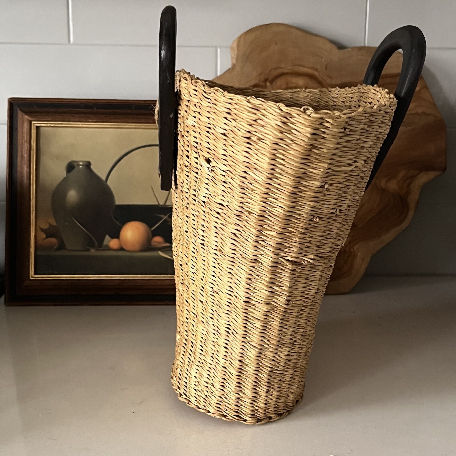 vintage wicker basket bag with wooden handles eBay