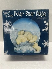 Vintage Polar Bear 3D Decorative Plate With Matching Stand 5” Blue White Boxed