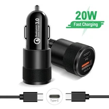 USB Type C PD Fast Charging Car Charger,20W Dual Port Power 3A&Dual Type-C Cable