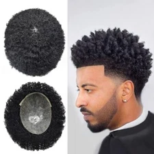 Afro Curl Mens Toupee Full Poly Skin Pu African American Hair System Replacement