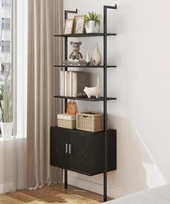  73" Tall Bookshelf with Cabinet, Industrial Ladder Wall Mount Shelf Bookcase 
