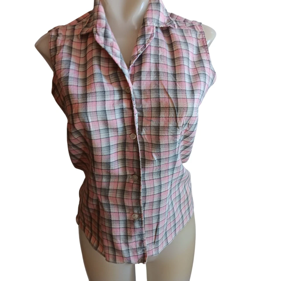 1950's Atomic Women's Medium Top Vintage Dee Cee Sleeveless Pink/Gray Plaid USA - Image 2 of 4