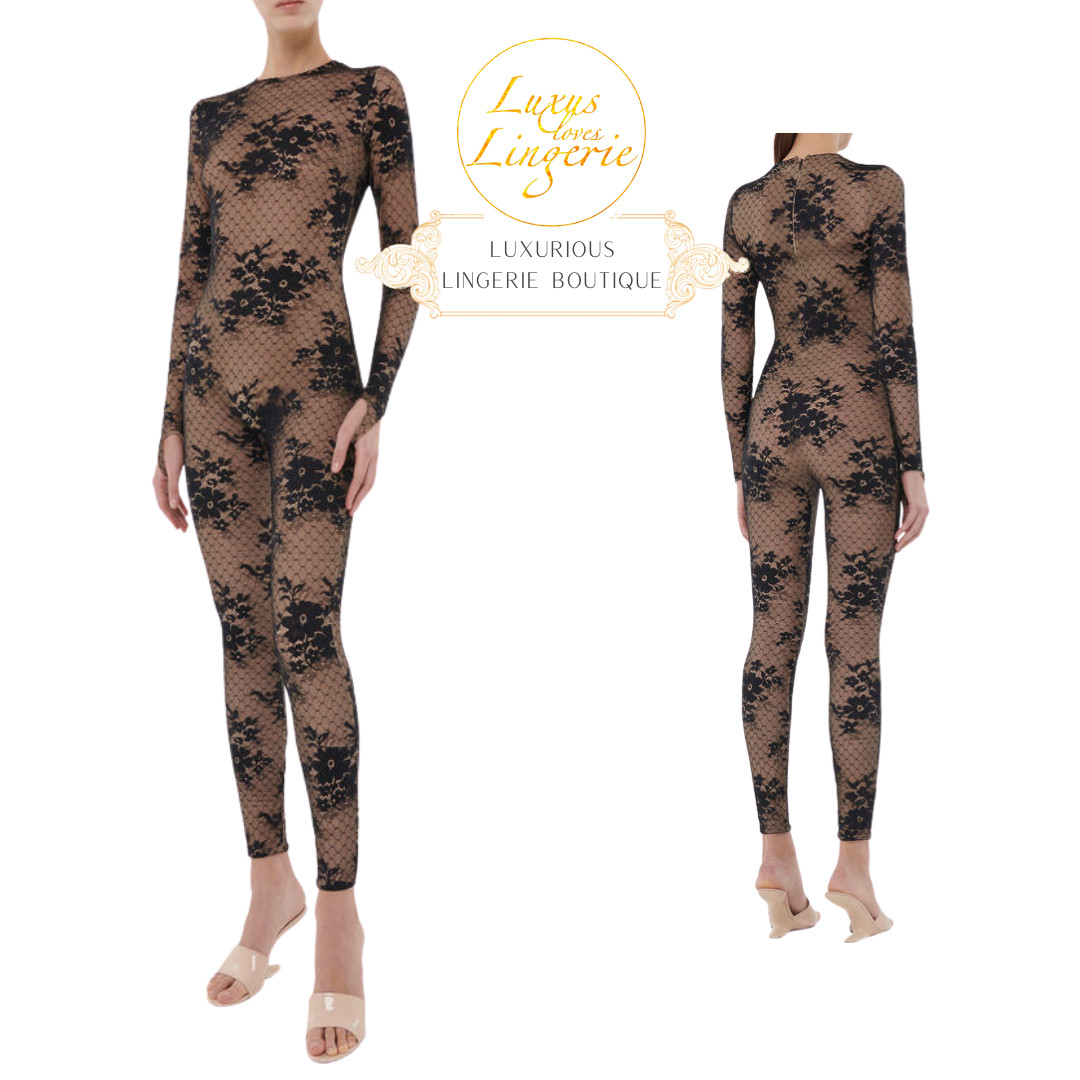 Pattie Jumpsuit by Wolford X N21 36 Vanilla Latte Black Catsuit with Lace Sheer
