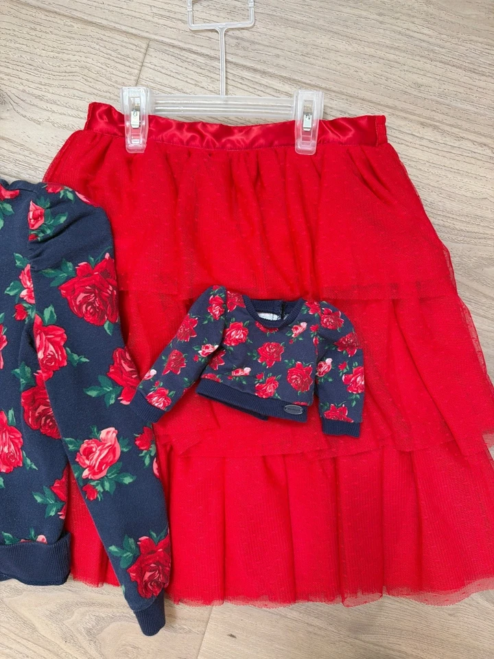 Janie & Jack Wrapped In Roses Girls Navy Sweatshirt & Red Tulle Skirt Size 8 - Image 3 of 4
