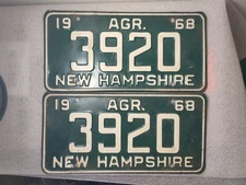 1968 New Hampshire AGR Agricultural License Plate Tag 3920
