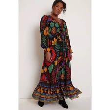 Farm Rio Georgette Tropical Puff Sleeve V-Neck Ruffle Maxi Dress Black Medium