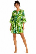 NATORI Green Leaf Floral Kimono V-Neck Caftan Nightie Beach Lounge Dress M 8/10