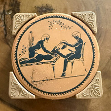 Decorative Round Ceramic Coasters, Beige & Blue, Figural Scene, Set of 6